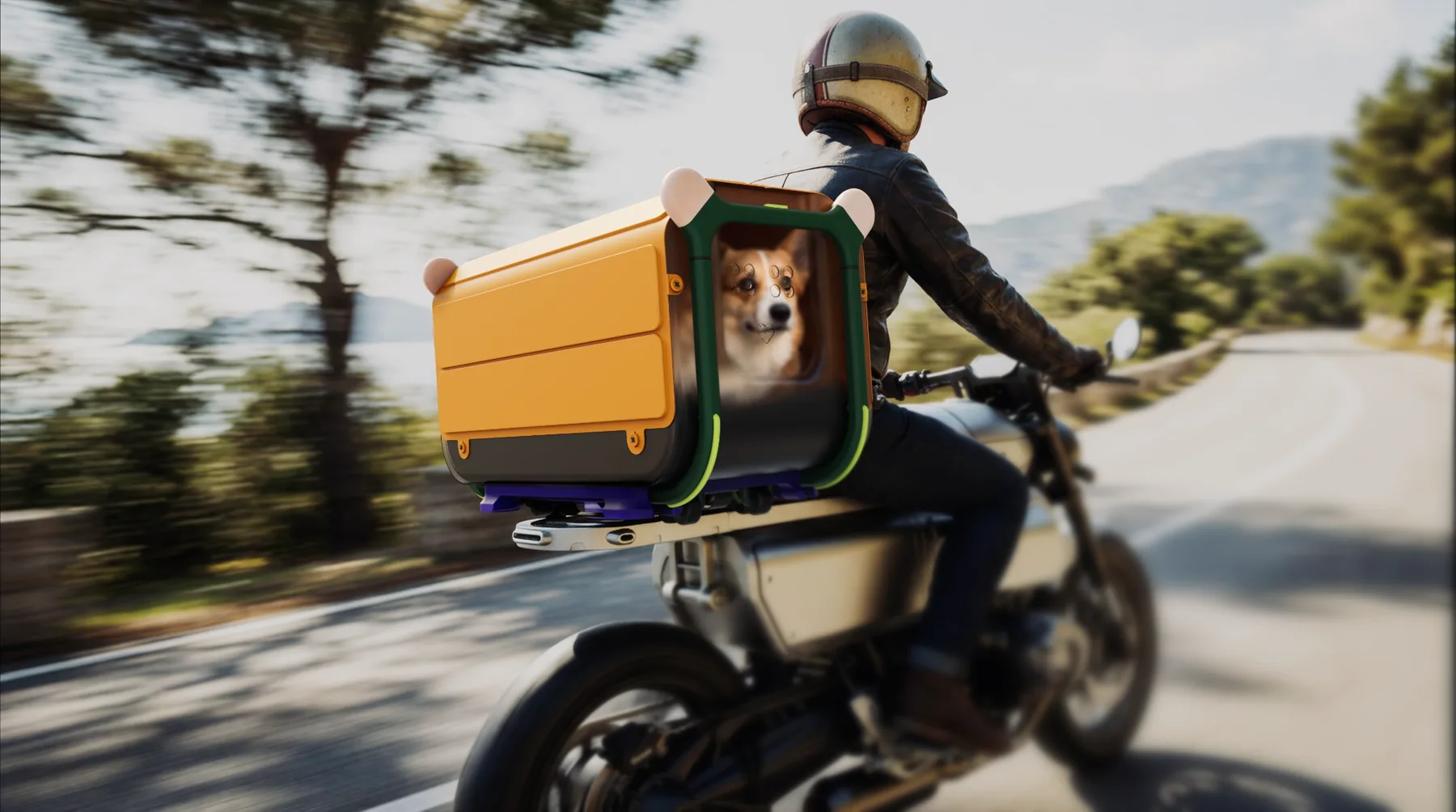 Rider carrying a dog in a compact motorcycle pet carrier on a winding road