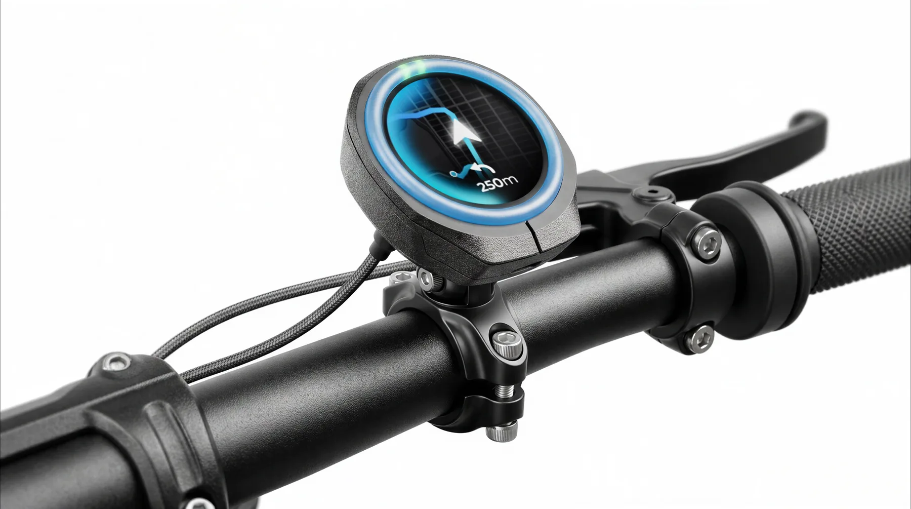 Circular navigation display with blue ring mounted on handlebar