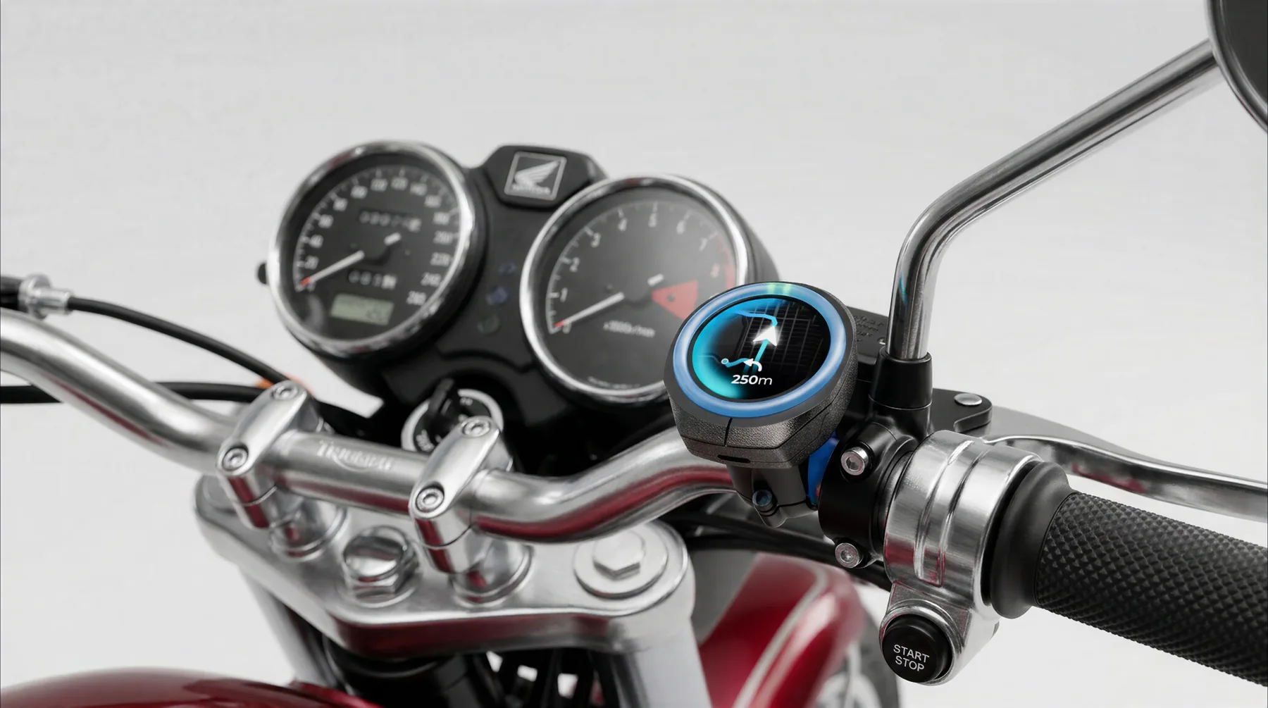 Compact circular navigation display fitted to an existing motorcycle