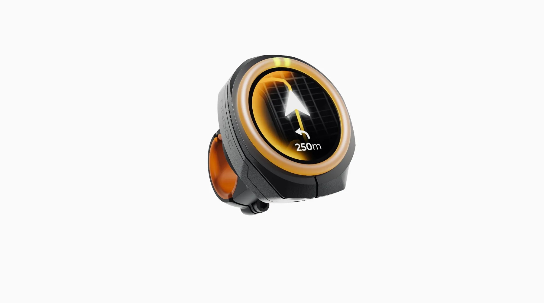 Amber-ring circular navigation display shown as a product render