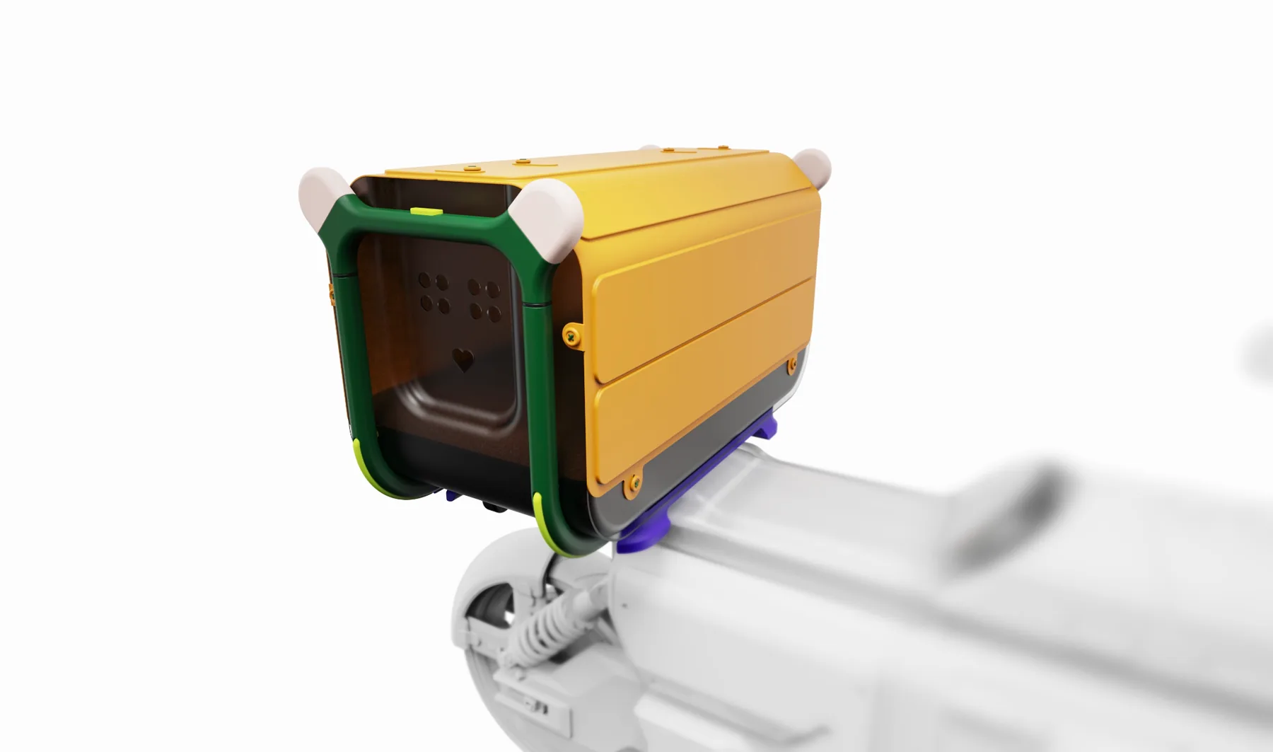 Close-up view of the pet carrier's mounting geometry on a motorcycle concept