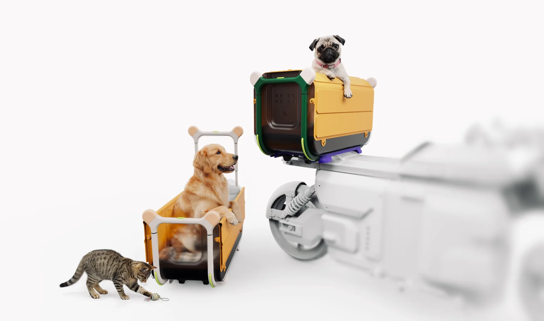 Modular yellow motorcycle pet carrier with dog and cat, designed with a rounded frame